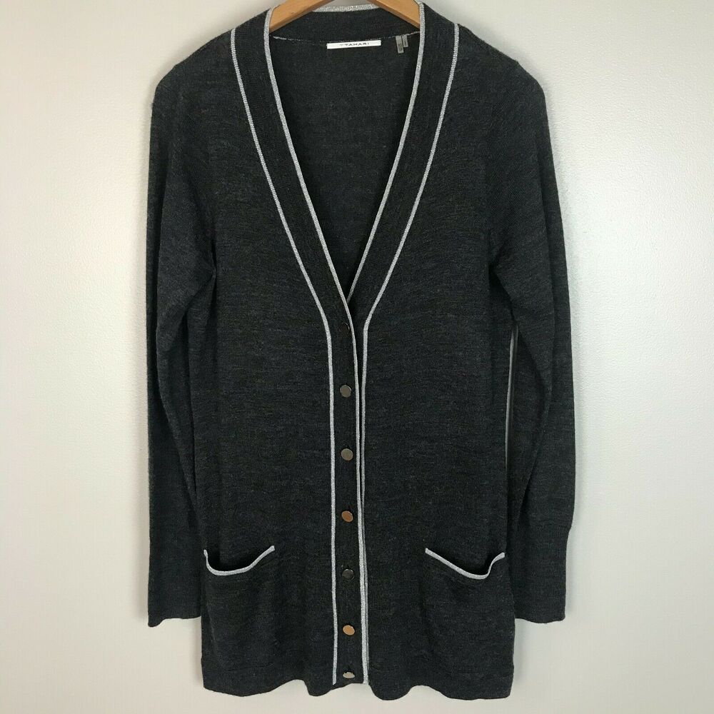 Tahari Gray Silver Metallic Trim Long Line Cardigan Wool Blend Pockets Size XS